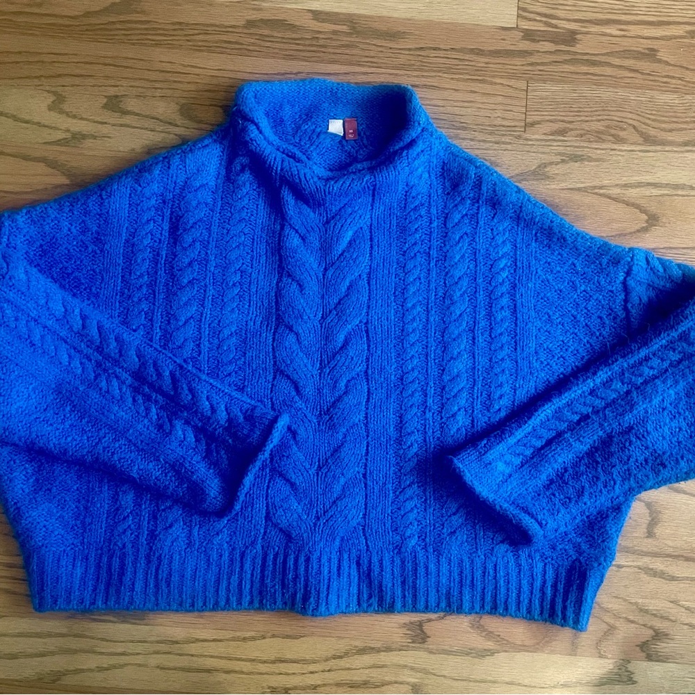 Pilcro Bright Blue Cable Knit Cropped Sweater